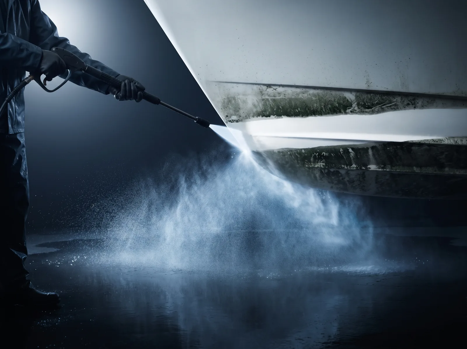 Pressure washer jet stripping algae from a white boat hull to reveal clean gelcoat